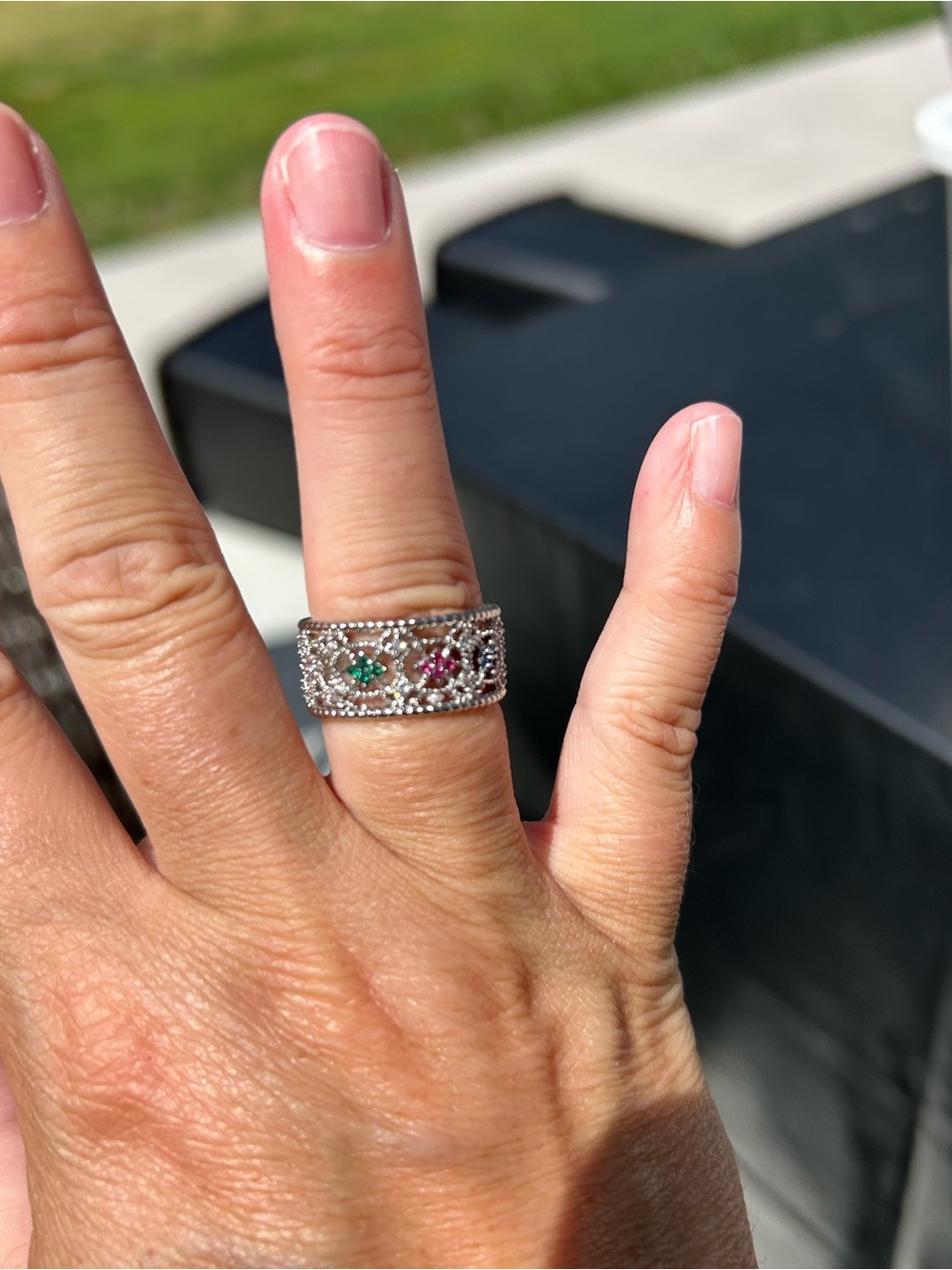 4/$100 Silver Multi-Gemstone Filigree Band Ring - Green & Pink Stones size 7